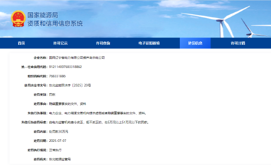 瑞银投资 隐瞒重要事实文件资料，国网辽宁电力葫芦岛供电公司、建昌县供电分公司共被罚75万